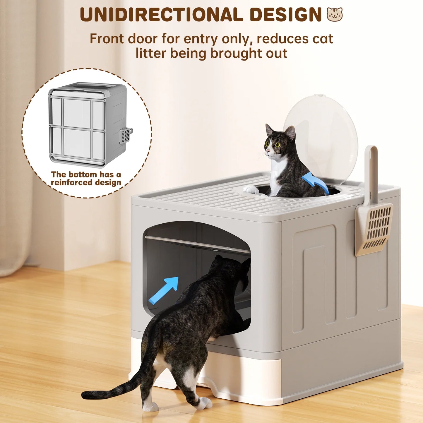 Large Foldable Cat Litter Box with Scoop - Enclosed Anti-Splash Design, Front Entry and Top Exit, Easy-Clean Drawer System, Gray