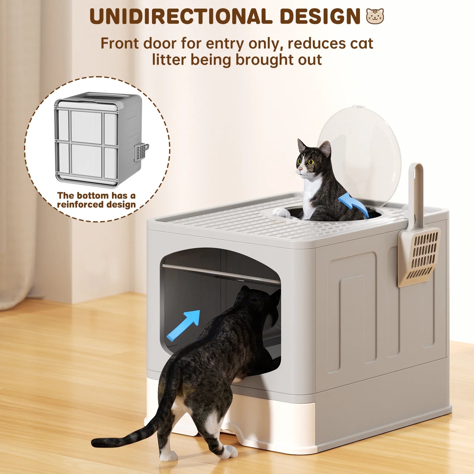 Large Foldable Cat Litter Box with Scoop - Enclosed Anti-Splash Design, Front Entry and Top Exit, Easy-Clean Drawer System, Gray