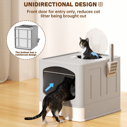 Large Foldable Cat Litter Box with Scoop - Enclosed Anti-Splash Design, Front Entry and Top Exit, Easy-Clean Drawer System, Gray