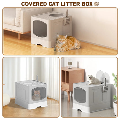 Large Foldable Cat Litter Box with Scoop - Enclosed Anti-Splash Design, Front Entry and Top Exit, Easy-Clean Drawer System, Gray