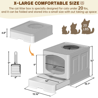 Large Foldable Cat Litter Box with Scoop - Enclosed Anti-Splash Design, Front Entry and Top Exit, Easy-Clean Drawer System, Gray