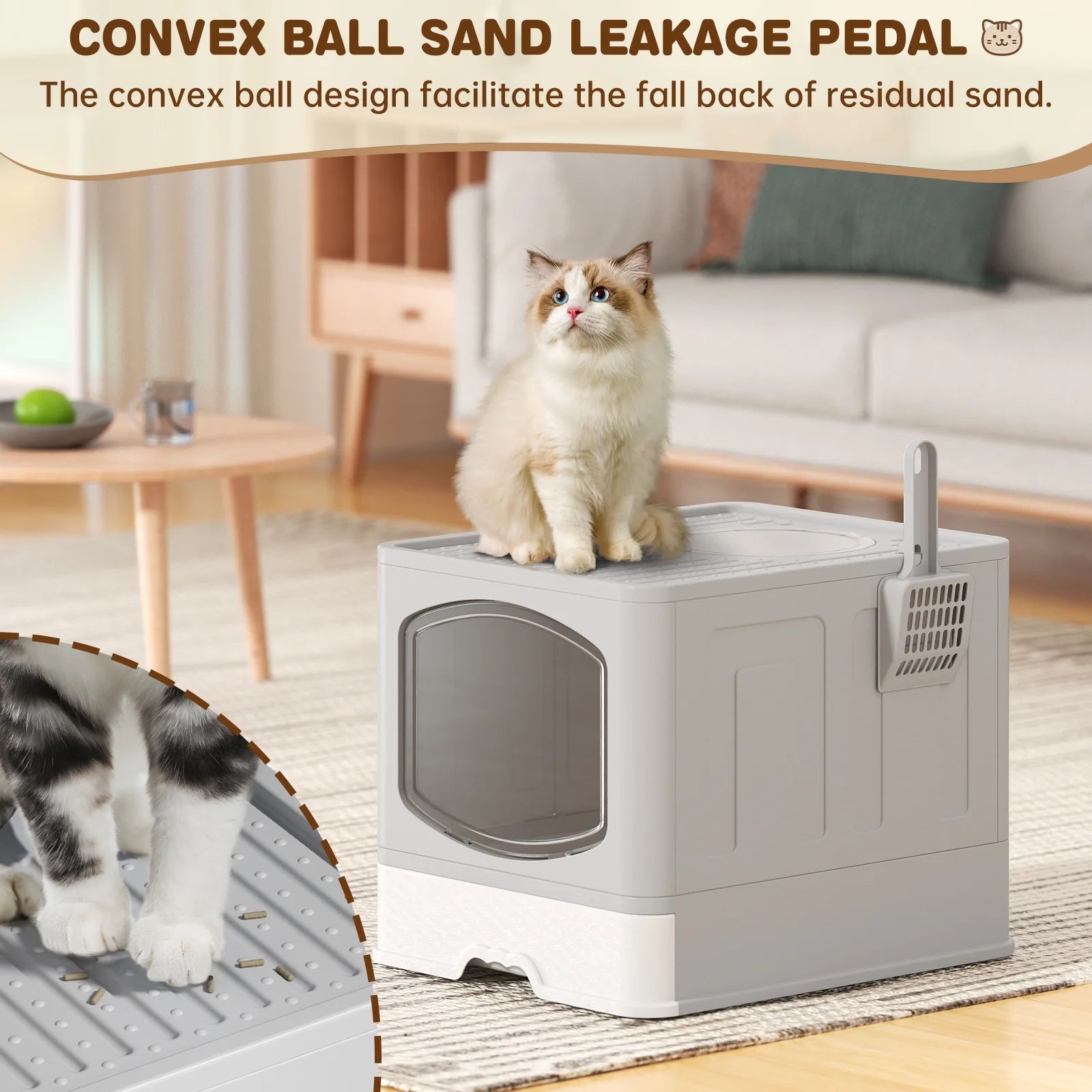 Large Foldable Cat Litter Box with Scoop - Enclosed Anti-Splash Design, Front Entry and Top Exit, Easy-Clean Drawer System, Gray