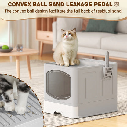 Large Foldable Cat Litter Box with Scoop - Enclosed Anti-Splash Design, Front Entry and Top Exit, Easy-Clean Drawer System, Gray