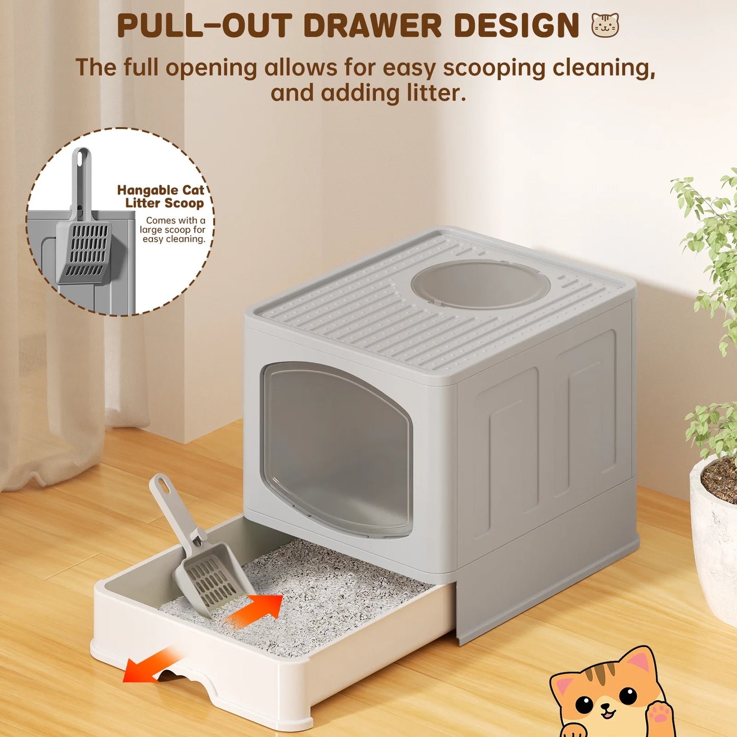 Large Foldable Cat Litter Box with Scoop - Enclosed Anti-Splash Design, Front Entry and Top Exit, Easy-Clean Drawer System, Gray