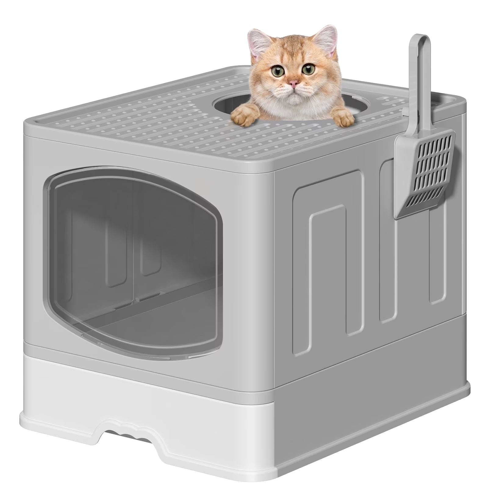 Large Foldable Cat Litter Box with Scoop - Enclosed Anti-Splash Design, Front Entry and Top Exit, Easy-Clean Drawer System, Gray
