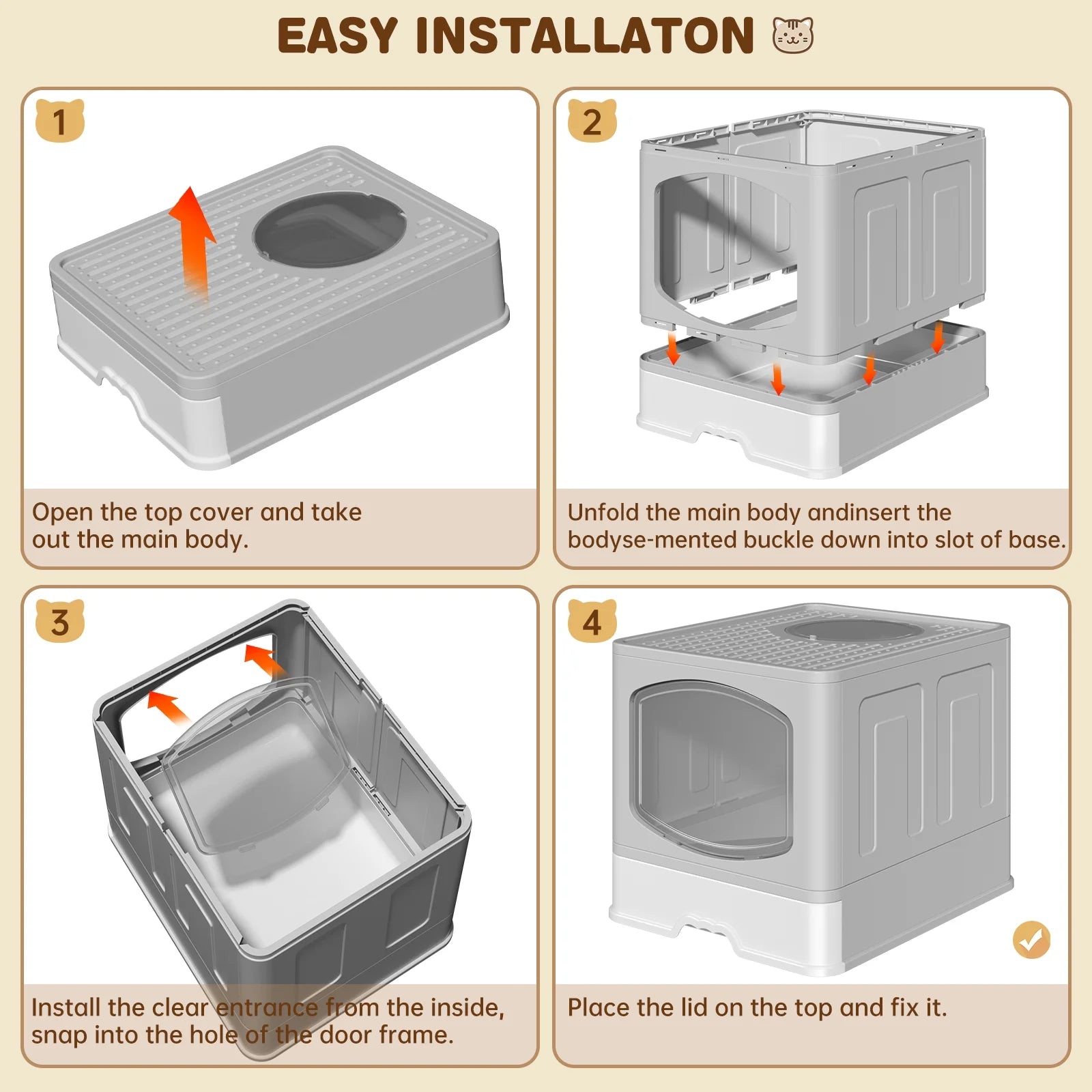 Large Foldable Cat Litter Box with Scoop - Enclosed Anti-Splash Design, Front Entry and Top Exit, Easy-Clean Drawer System, Gray